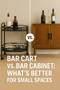Side-by-side comparison of a modern black bar cart and a wooden bar cabinet, illustrating storage options for small living spaces