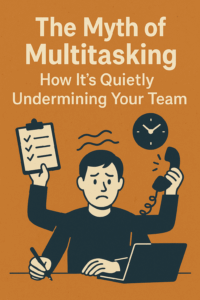 Stressed multitasking worker with multiple arms juggling tasks, illustrating how multitasking quietly undermines team performance