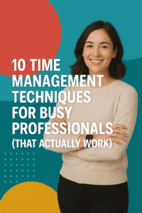 Professional woman smiling confidently in front of a bold, colorful background, promoting effective time management techniques for busy professionals